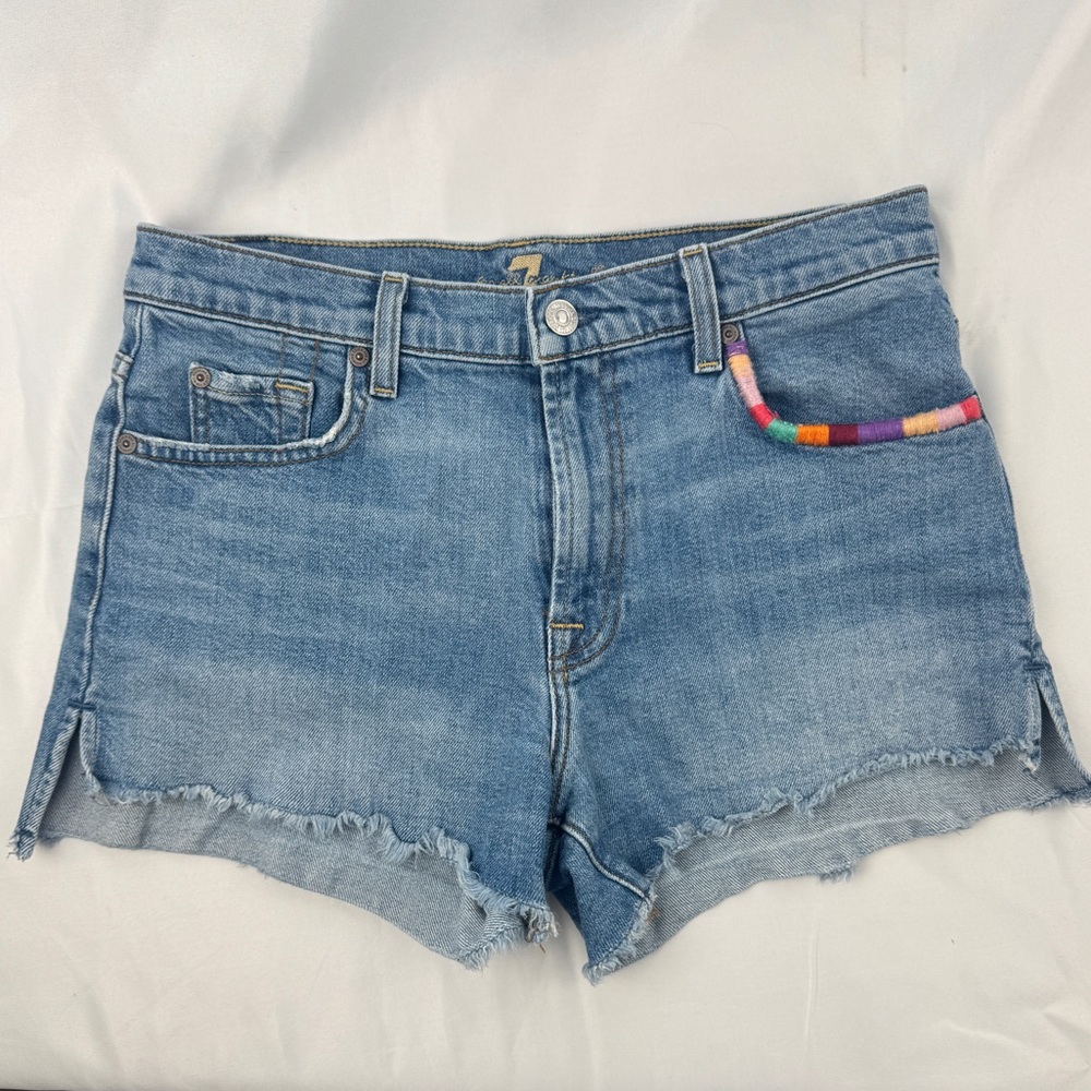 7 For All Mankind Embroidered Denim Shorts – Size 27 – Custom Cactus Design